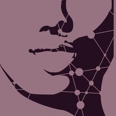 Lower part of the woman face front view. Elegant silhouette of a female head. Open mouth. Silhouette textured by lines and dots pattern