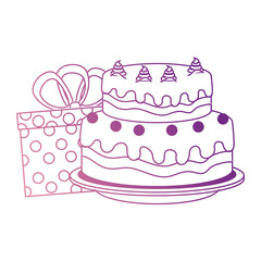 sweet and delicious cake with gifts presents vector illustration design