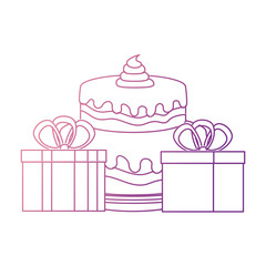 sweet and delicious cake with gifts presents vector illustration design
