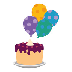 sweet and delicious cake with balloons helium vector illustration design