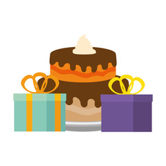 sweet and delicious cake with gifts presents vector illustration design
