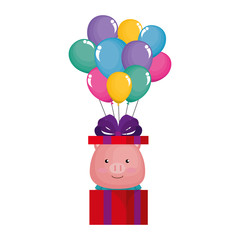Obraz na płótnie Canvas cute pig in gift with balloons helium vector illustration design