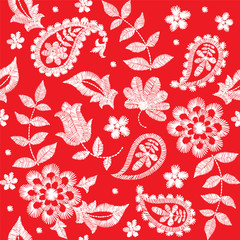 Vector seamless embroidery paisley pattern, decorative textile ornament, pillow or bandana decor. Bohemian style background design.