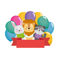 cute animals with balloons helium characters vector illustration design