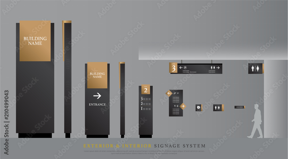 Wall mural exterior and interior signage. directional, pole, and traffic signage system design template set. empty space for logo, text gold and black corporate identity