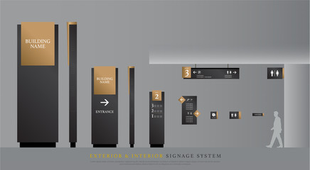 exterior and interior signage. directional, pole, and traffic signage system design template set. empty space for logo, text gold and black corporate identity - obrazy, fototapety, plakaty