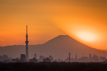 .Tokyo Fuji diamond with Tokyo Skytree landmark.  Diamond Fuji is View of the setting sun meeting the summit of Mt. Fuji