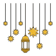 traditional arabic lamp and stars hanging vector illustration design