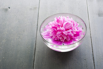 floating flower at aroma bowl on black wooden table