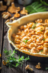 Closeup of tarts made of fresh wild mushrooms and herbs