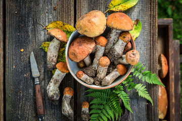 Top view of fresh wild mushrooms on wooden table