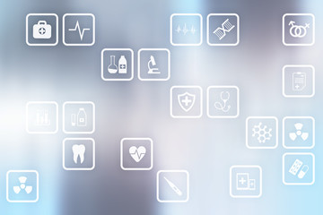 Medical icons on virtual screen. Modern technology in medicine.