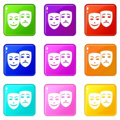 Carnival mask icons of 9 color set isolated vector illustration