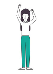 young woman celebrating with hands up character vector illustration design