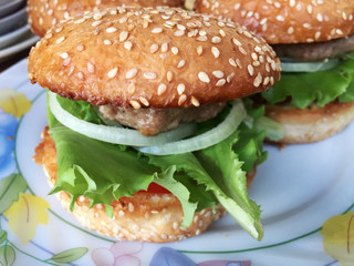 Big hamburger on the plate