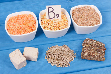 Nutritious different ingredients containing vitamin B9, natural minerals and folic acid, healthy nutrition concept