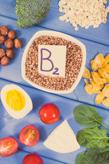 Vintage photo, Ingredients containing vitamin B2 and dietary fiber, healthy nutrition concept