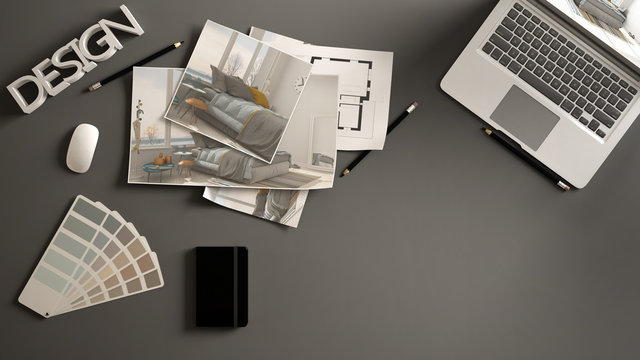 Architect designer concept, dark work desk with computer, paper draft, bedroom project images and blueprint. Sample color material palette, creative background idea with copy space