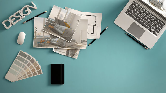 Architect designer concept, blue work desk with computer, paper draft, bedroom project images and blueprint. Sample color material palette, creative background idea with copy space