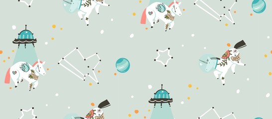 Hand drawn vector abstract graphic creative cartoon illustrations seamless pattern with cosmonaut unicorns with old school tattoo,alien spaceship and planets in cosmos isolated on grey background