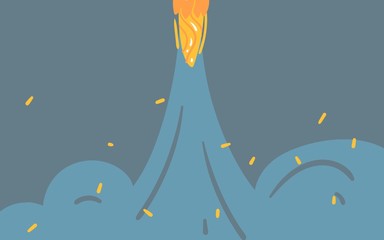 Hand drawn vector abstract graphic creative cartoon illustrations card template with spaceship in cosmos galaxy isolated on blue pastel background