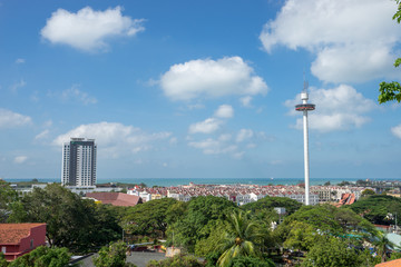 セントポールの丘から見るマラッカの町並みとマラッカ海峡の風景