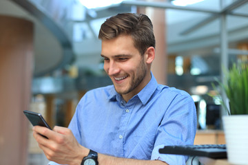 Smiling businessman sitting and using mobile phone in office.