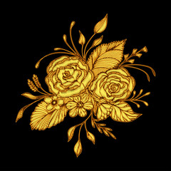 Abstract flowers bouquet with embroidery handmade effect in gold on black for decoration clothes or package and for others things
