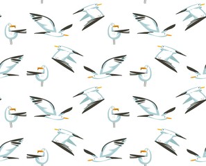 Hand drawn vector abstract cartoon summer time graphic illustrations artistic seamless pattern with flying sea gulls birds on beach isolated on white background