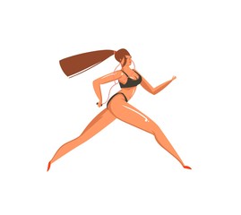 Hand drawn vector abstract graphic cartoon summer time collection flat illustrations with beauty running girl character in bikini on the beach isolated on white background
