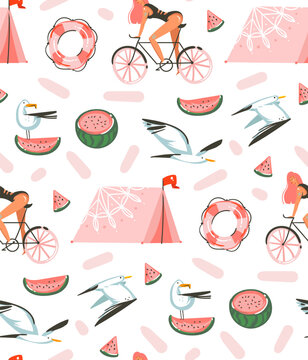Hand drawn vector abstract cartoon summer time graphic illustrations artistic seamless pattern with beach gull birds,camping tent,watermelon and beauty girl on bike isolated on white background