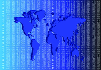 Stock quotes and 3d world map in blue. 