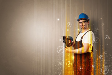 Manual worker with wrench symbols and tool.