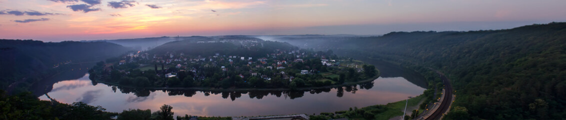 Panoramatic view to Vltava meander, horseshoe in sunrise