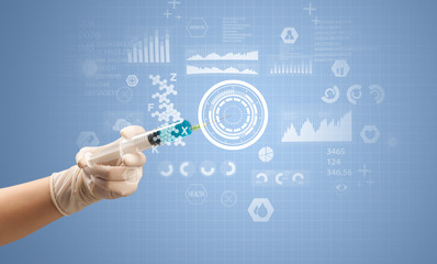 Female doctor hand holding syringe with research data graphic