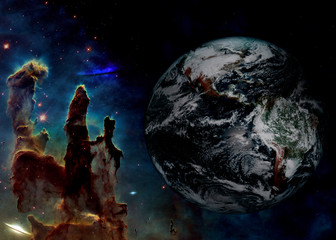 Planet earth in deep space near pillar of creation background. Elements of this image furnished by...