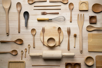 kitchen utensils for cooking on the wooden table, food prepare concept