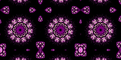 Digital fractal 3D design.Floral kaleidoscope in purple on black background.