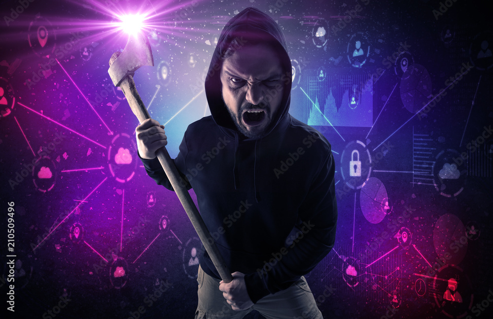Poster armed burglar in dark secured database network cloud and report concept