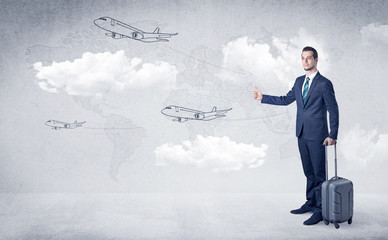Businessman hitchhiking with flying airplanes cloud and map concept
