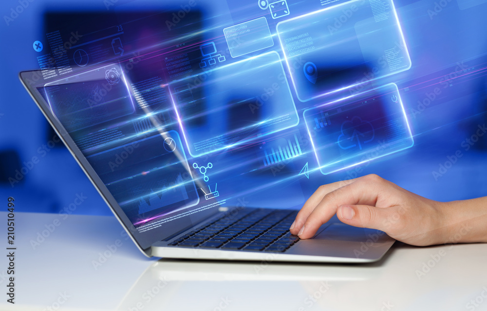 Poster hand using laptop with database reports and online work concept