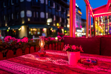 A restaurant table in the Sultanahmed area at night in Istanbul