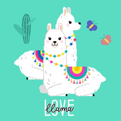 Cute llama and alpaca illustration for nursery design, poster, greeting, birthday card, baby shower design and party decor © laias