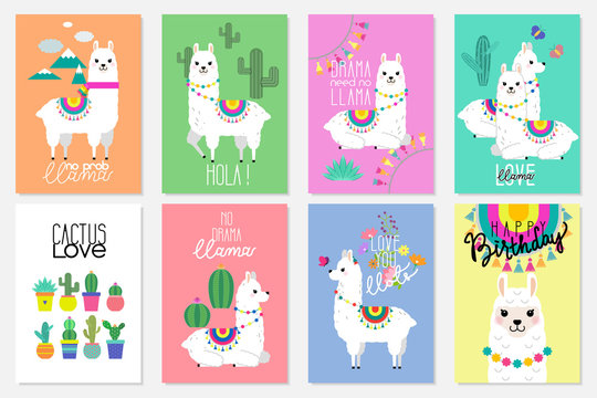 Cute llamas, alpacas and cactus illustrations for nursery design, poster, greeting, birthday card, baby shower design and party decor