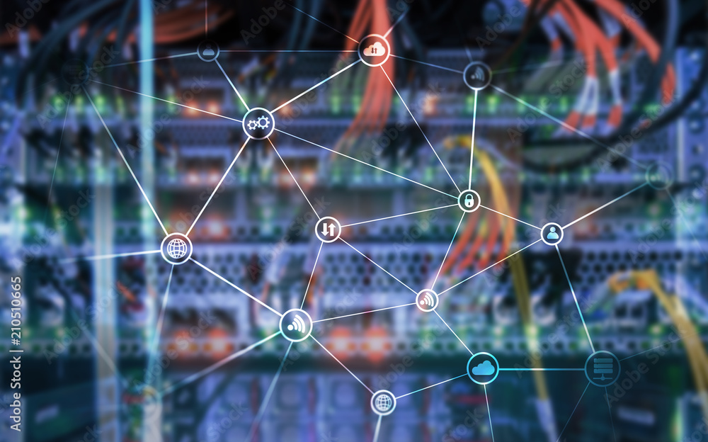 Poster telecommunication concept with abstract network structure and server room background.