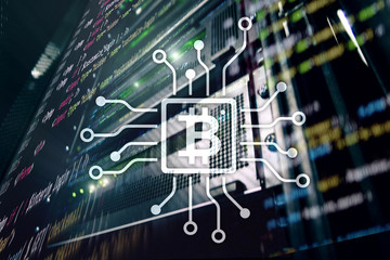 Bitcoin, Blockchain concept on server room background.