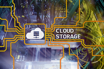 Cloud data storage concept on server room background.