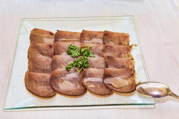 Fish crudités on serving dish with fish carpaccio - selective focus