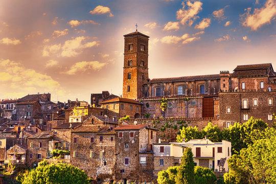 Cityscape of the ancient village of Sutri and the bell tower of  Holy Mary Assumption s Co-Cathedral