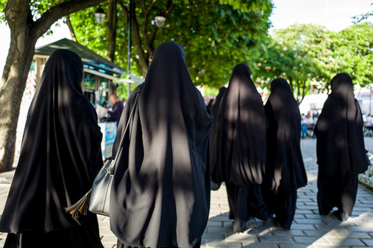 Muslim women in burka walking the streets of Sultanahmed, Istanbul.